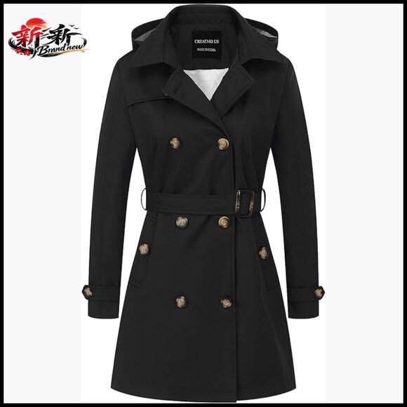Polyester Trench Coat with Detachable Hood Double-Breasted Waterproof
